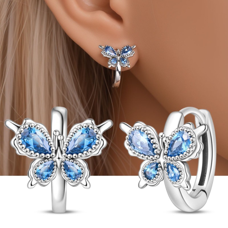 PANDACH 925 Sterling Silver Enamel Blue Butterfly Hoop Earrings For Women Gifts