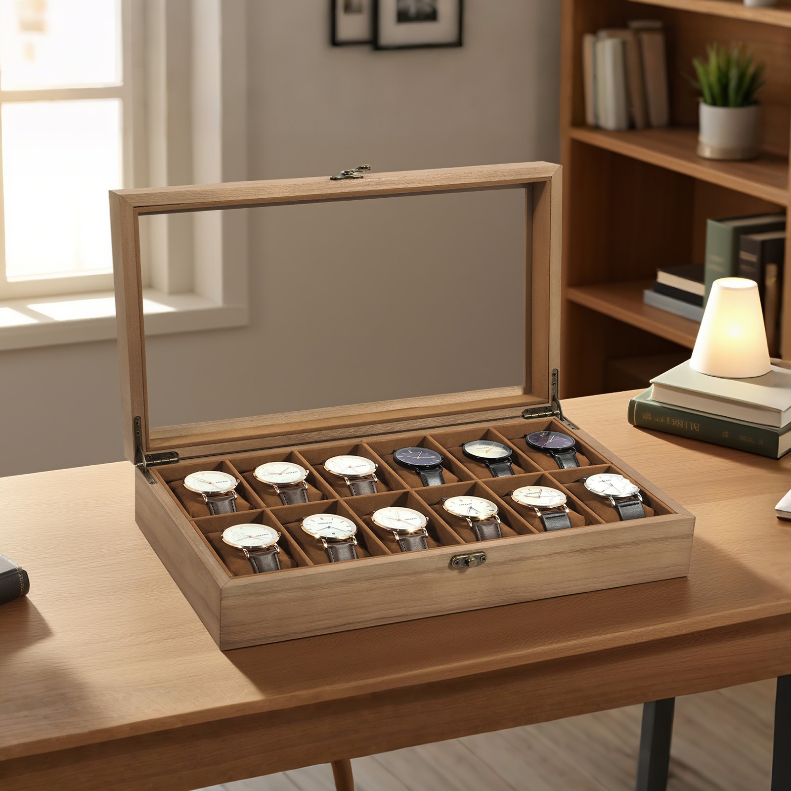12 Slots Watch Box Solid Wood Organizer Watch Case Jewelry Storage Display Case