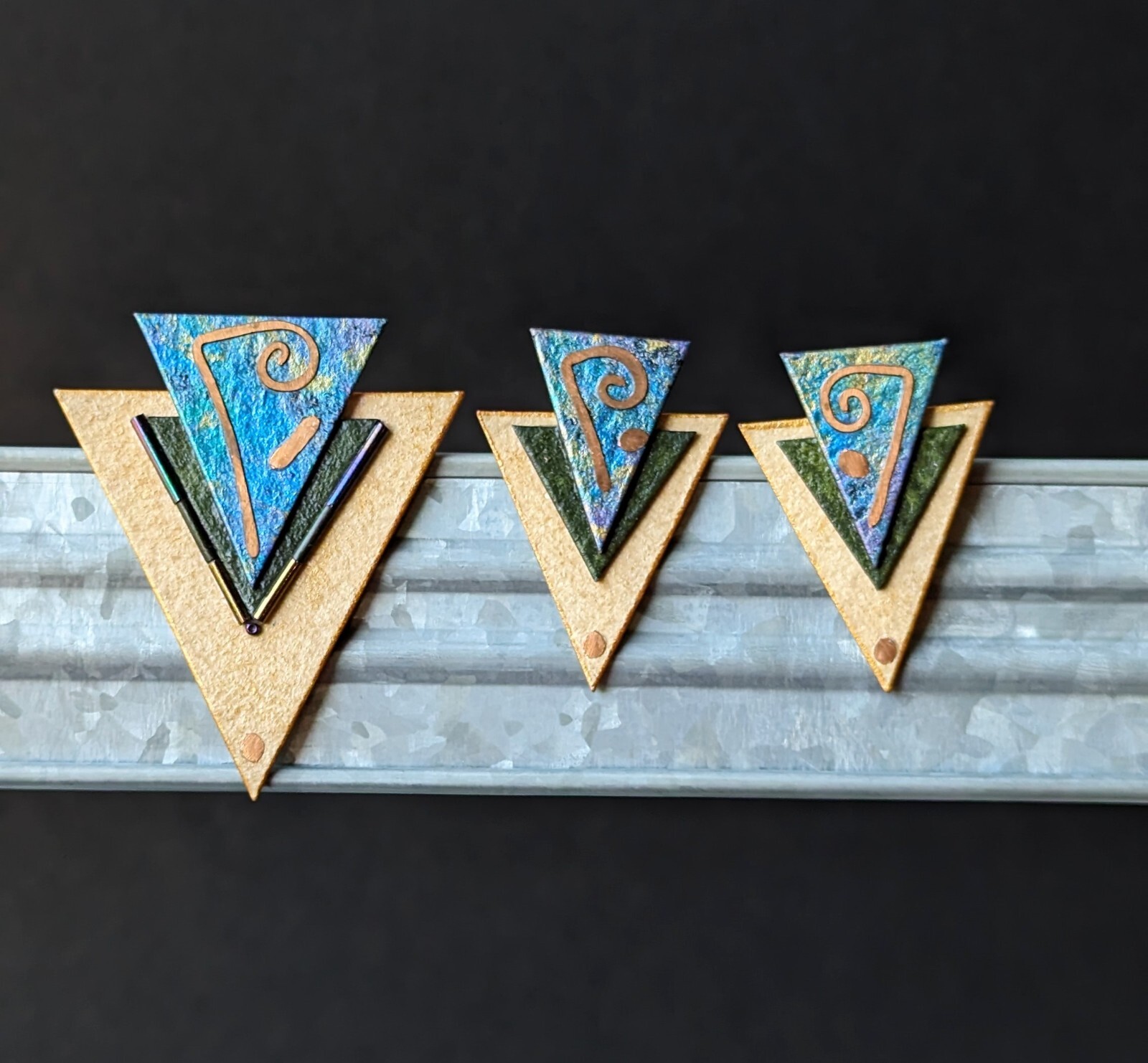 Artisan 3pc SET Gold Blue Green Paper Triangle Brooch & Earrings Modern Abstract