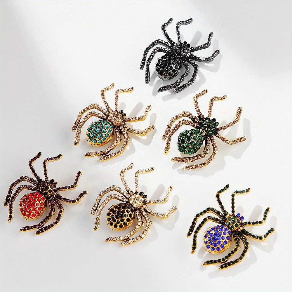 6Pcs Rhinestone Spider Brooches Crystal Halloween Spider Pins Clothing Bag Decor