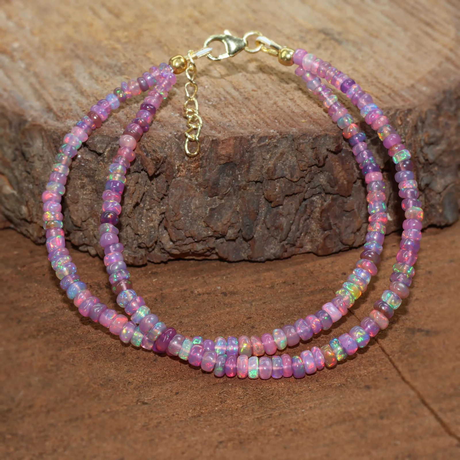 Natural Lavender Opal Smooth Beads Two Strand Bracelet, Multifire Ethiopian Opal