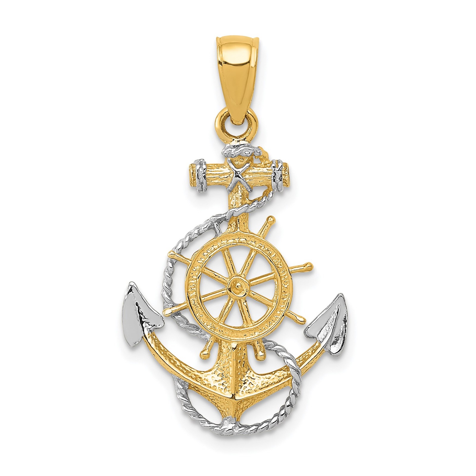 14k Gold Nautical Pendant Anchor Ship Wheel Rope Rhodium Unisex Maritime Charm