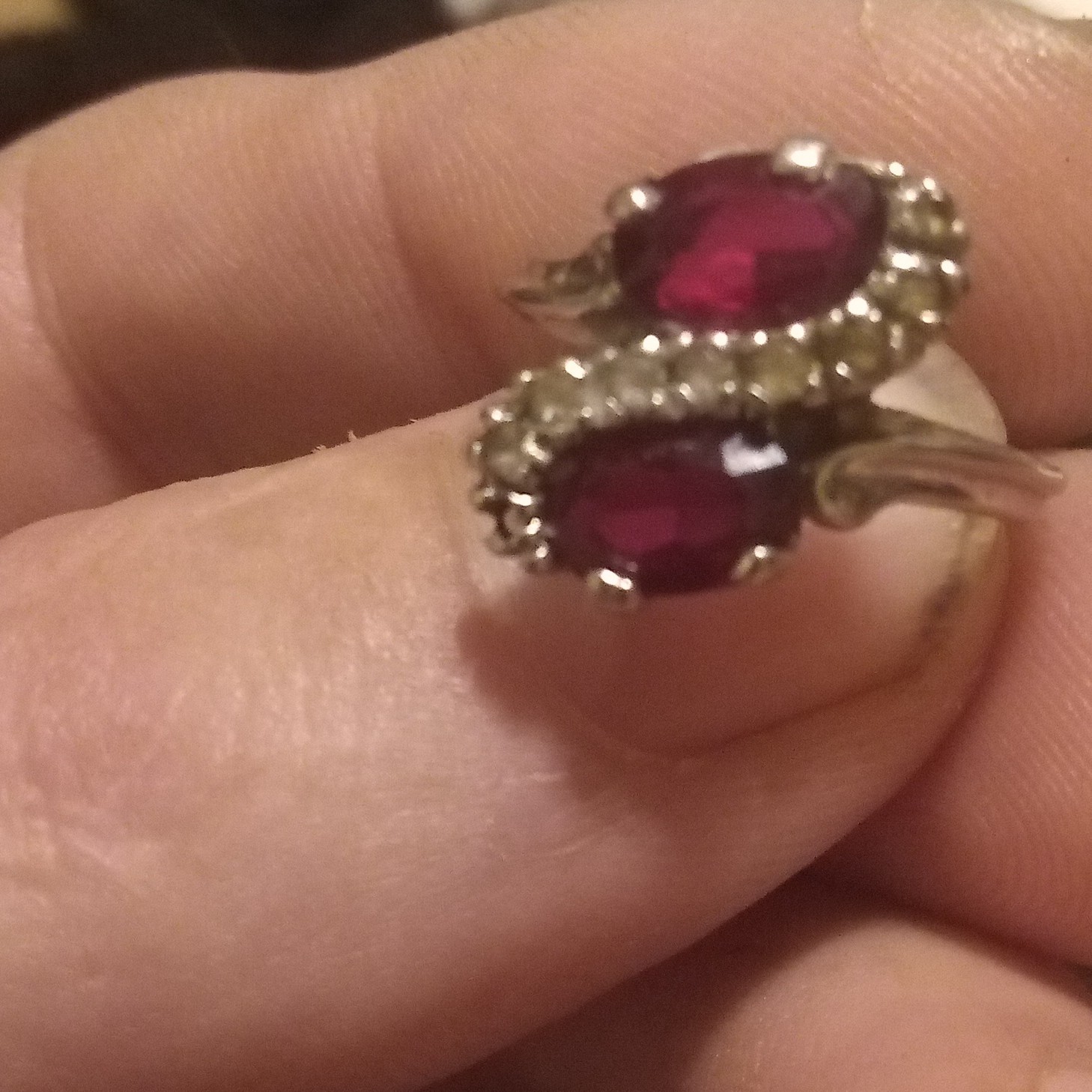 Silver Tone Bypass Cocktail Ring 2 Oval Red Stones Prong Set Size 3