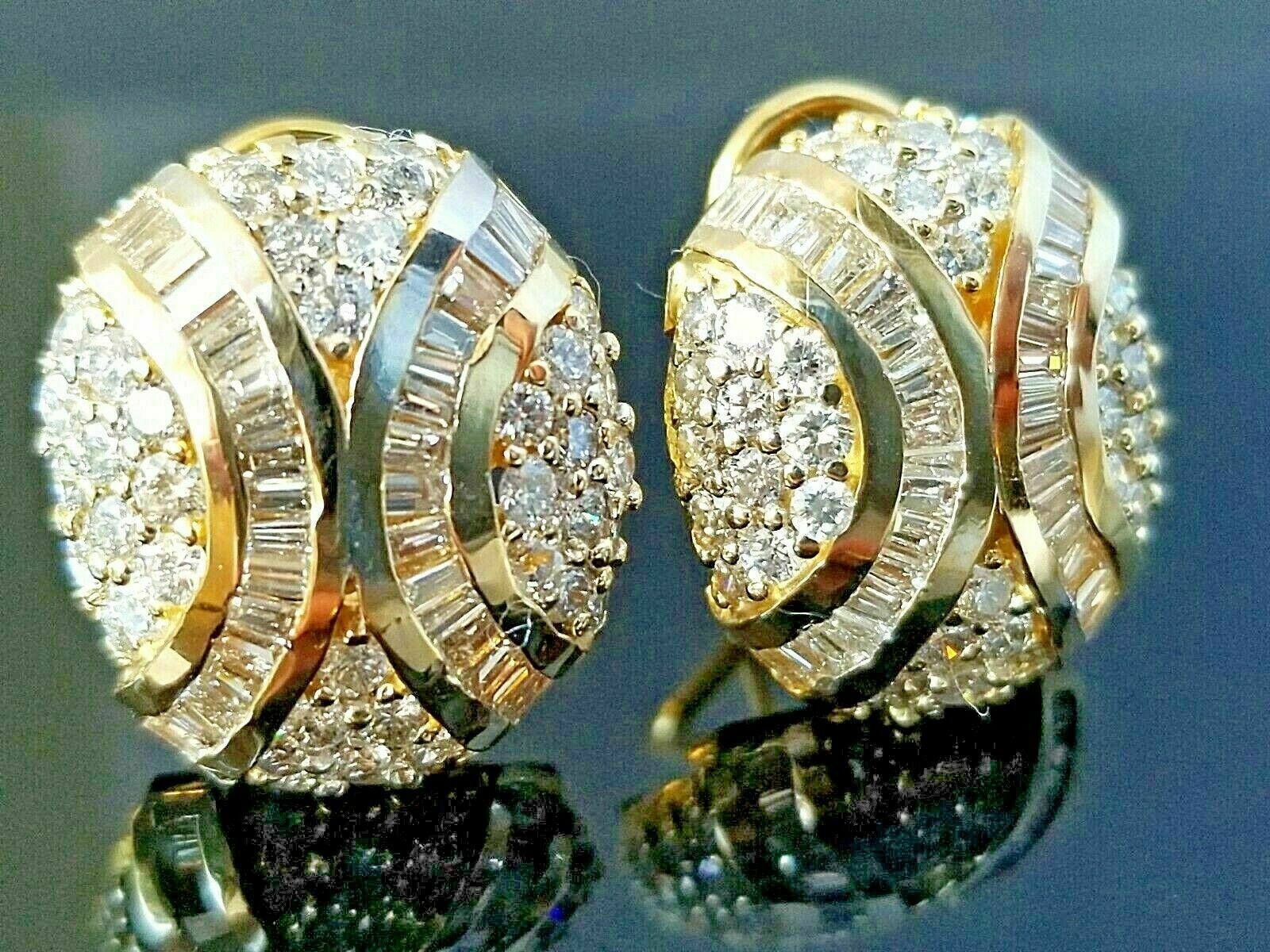 2Ct Round & Baguette Lab Created Diamond 14k Gold Finish Omegaback Stud Earrings