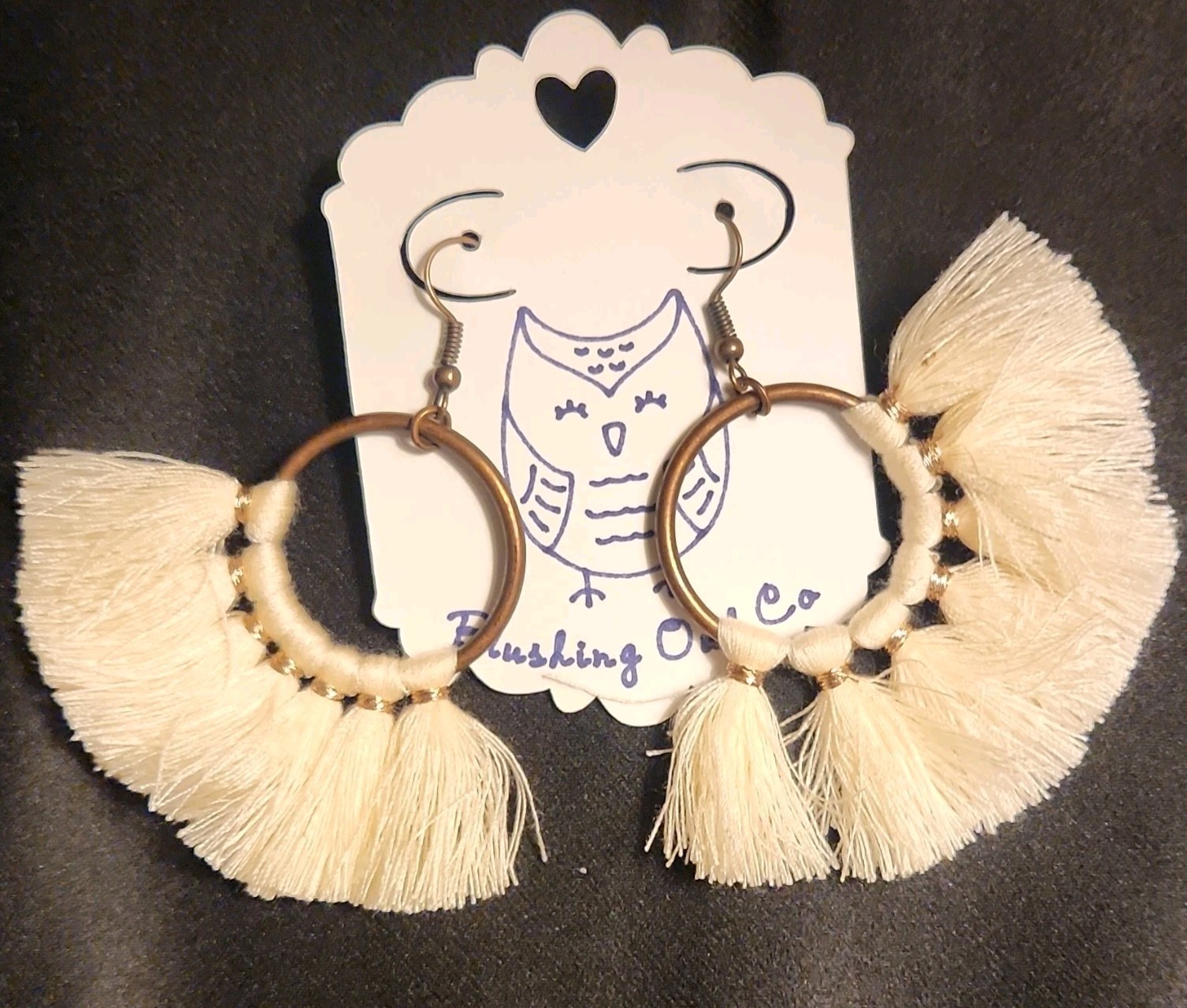 Blushing Owl Co Cream & Bronze Fabric Tassel Hoop Dangle Earrings Hook Closure