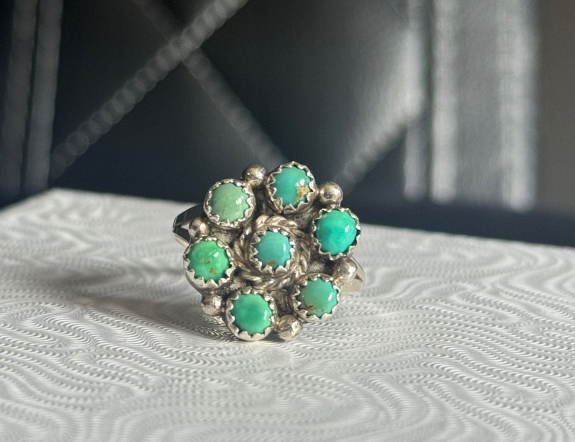 Michael R Rogers Paiute Sterling Silver Turquoise Cluster Ring Size 8.5