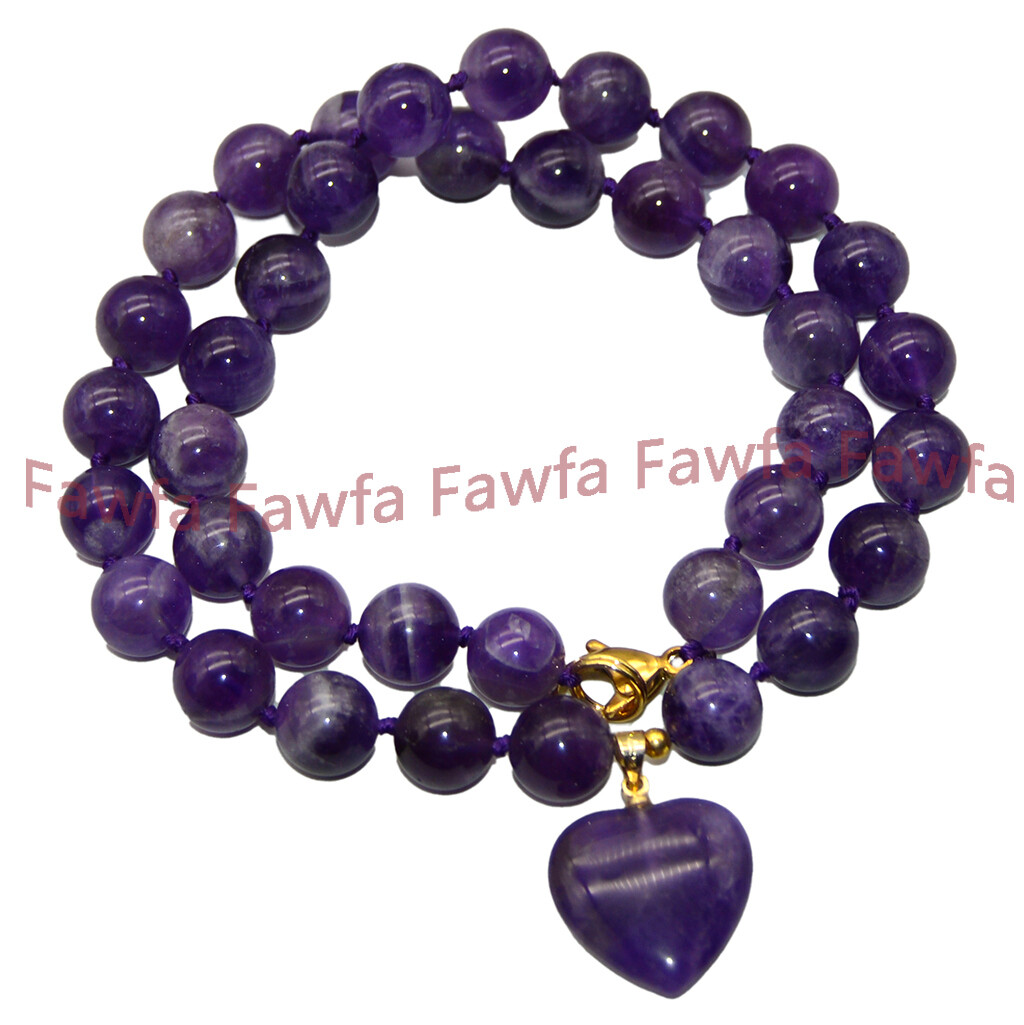 Natural 6/8/10/12mm Purple Amethyst Round Beaded Heart shaped Pendant Necklace