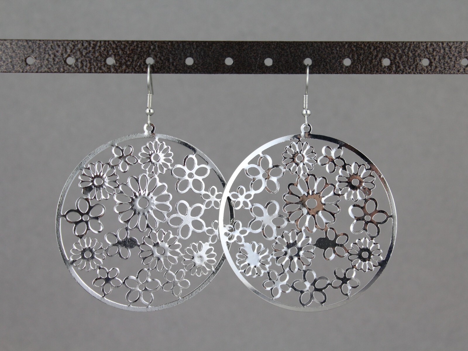 Silver flower filigree round disc earrings medallion 2.75″ long very lightweight