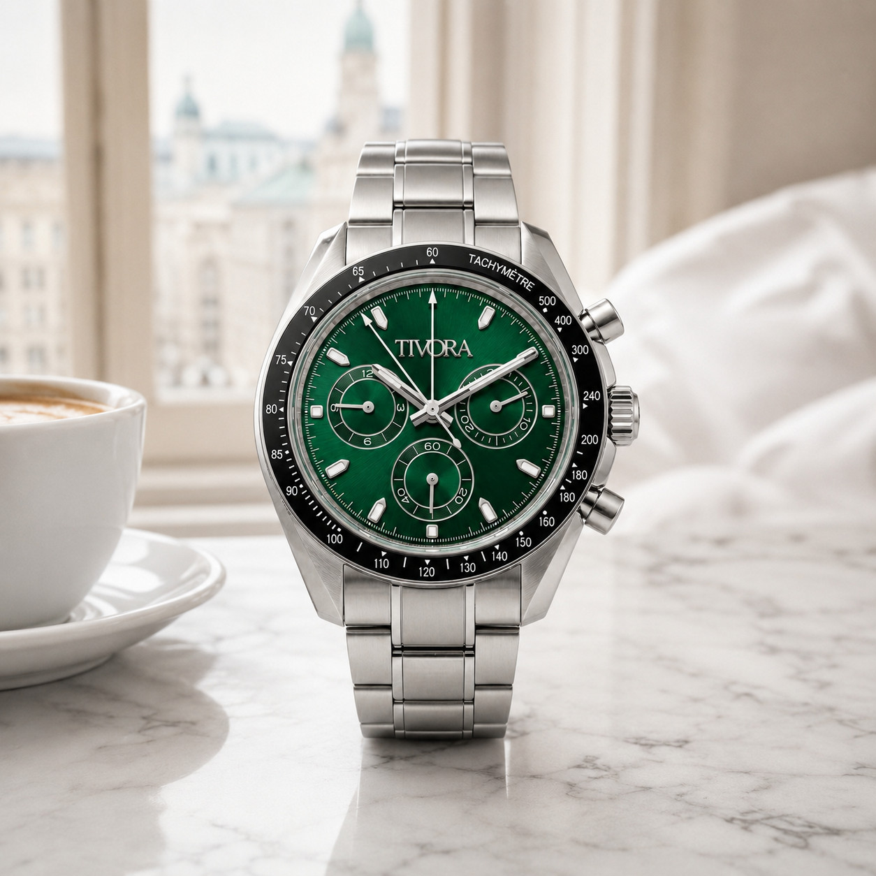 TÍVORÁ Veyron Argent Steel Irish Emerald Dial – Custom Branded Automatic Chronog