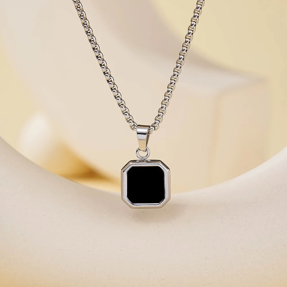 Square Pendant Necklace Stylish Black Geometric Pendant Stainless Steel Necklace