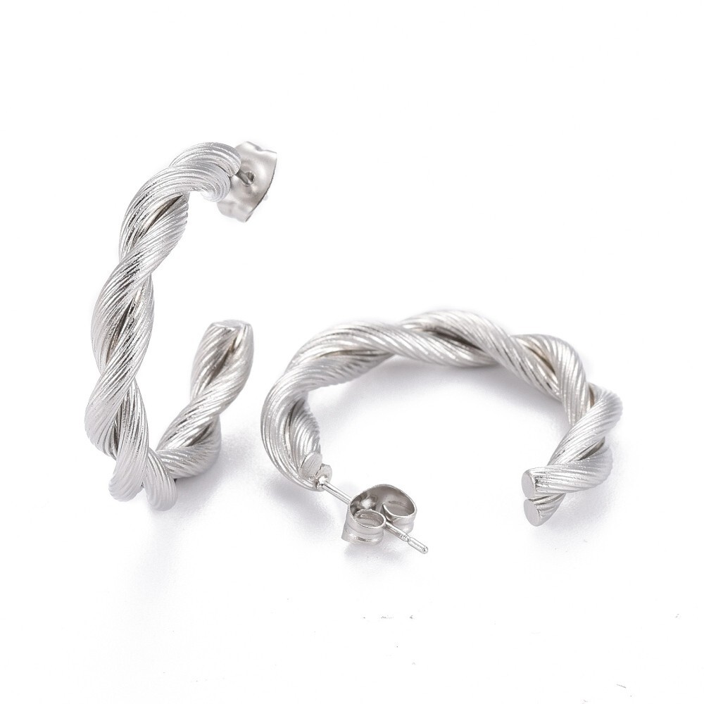 Half Hoop Hypoallergenic Earrings Twisted Textured 28.5×4.5mm pin:0.5mm Stainles