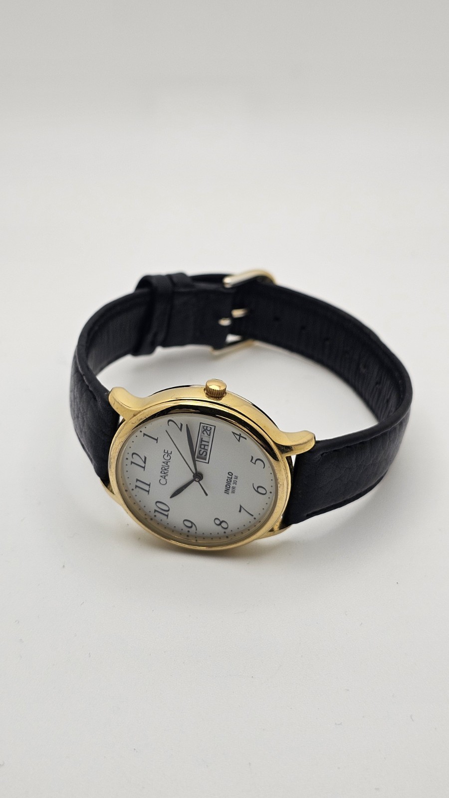 Carriage Day Date Gold Tone Case 35 MM Indiglo White Dial Black Leather Watch