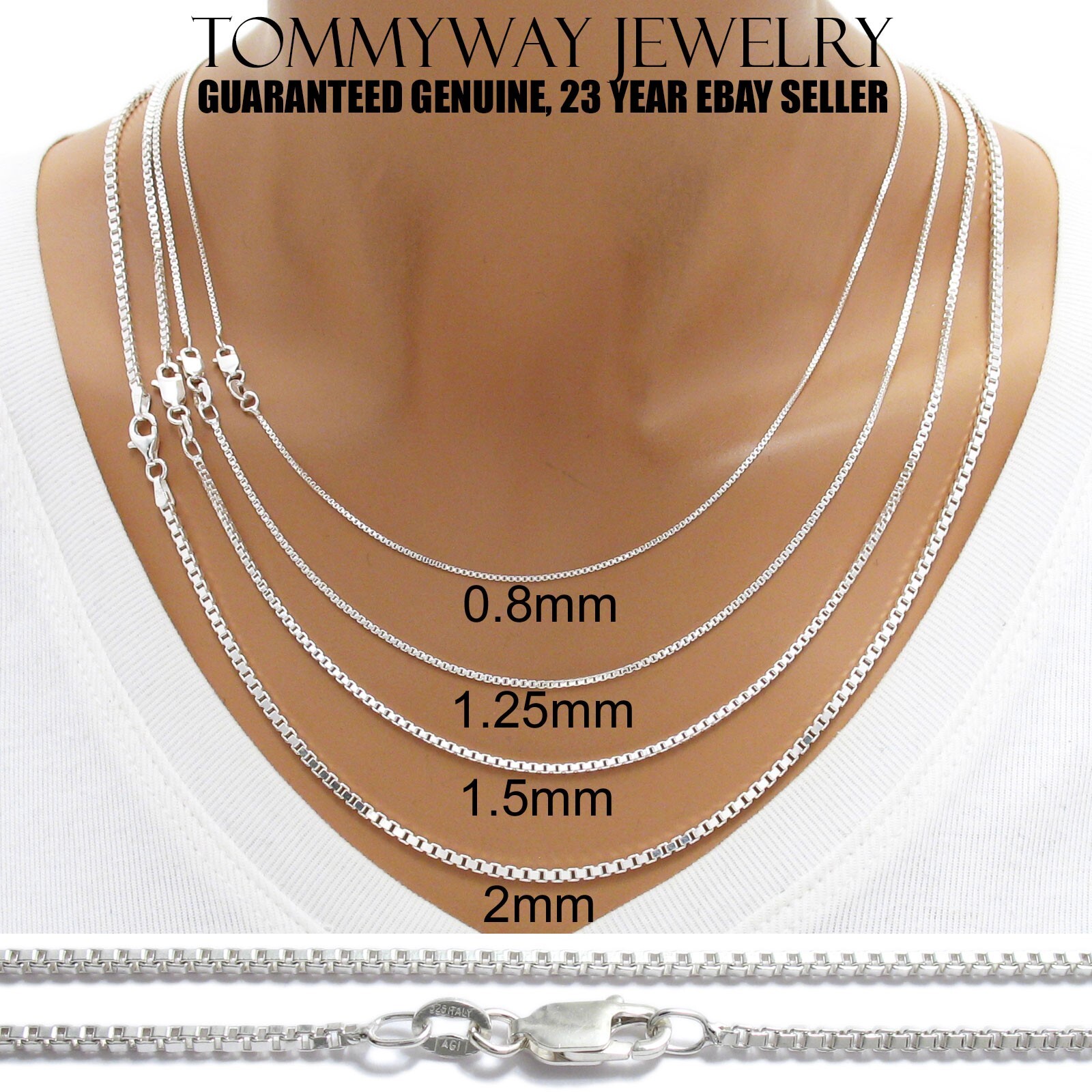 Guaranteed 925 Sterling Silver Box Chain Necklace w/ Strong Lobster Lock Italy