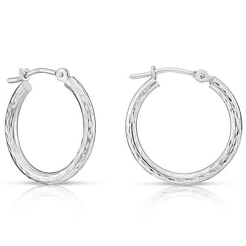 14K Solid White Gold Hand Engraved Full Diamond-Cut Round Hoop Earrings 11-35mm