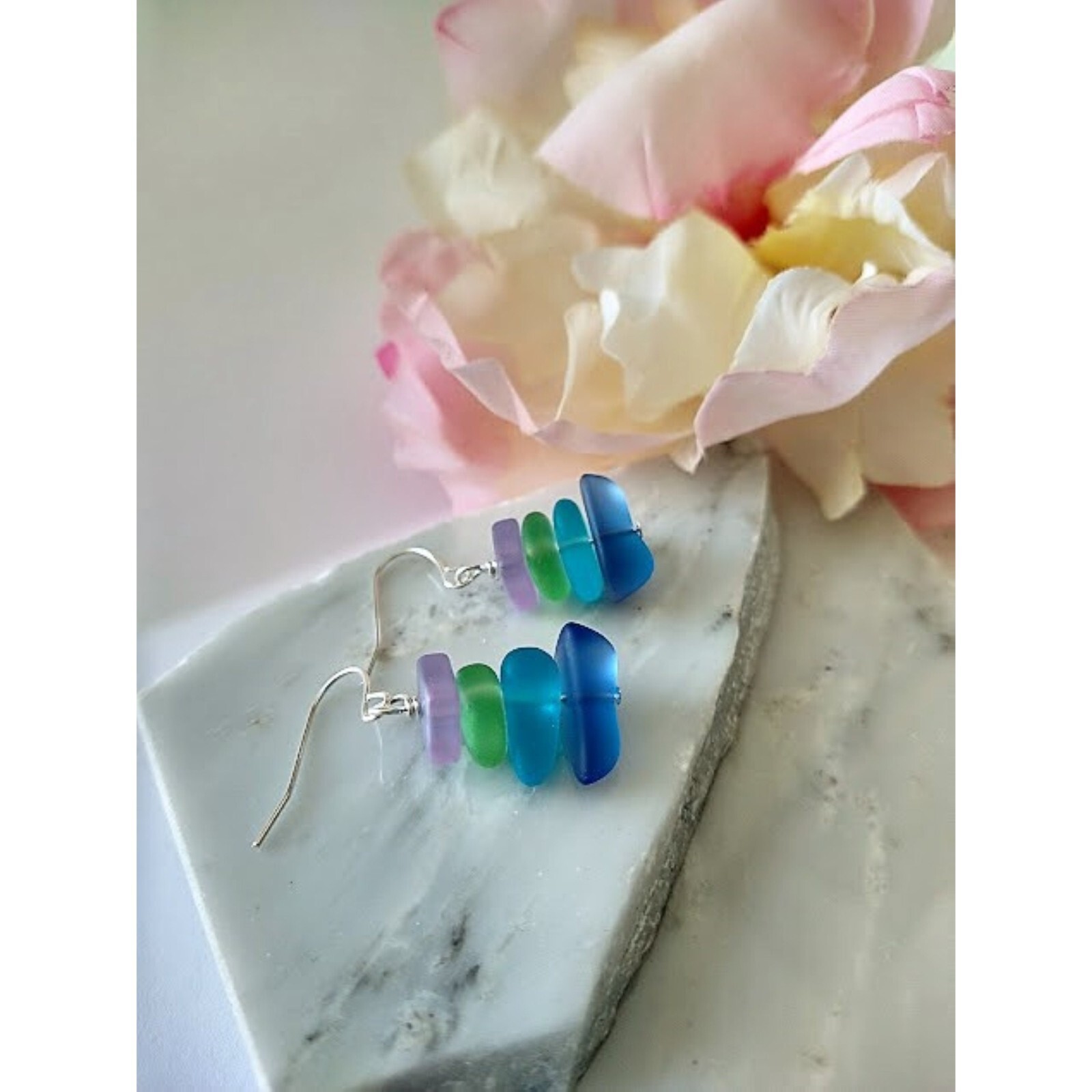 Multicolor Pebble Shaped Frosted Sea Glass Silver Ladies Dangle Earrings