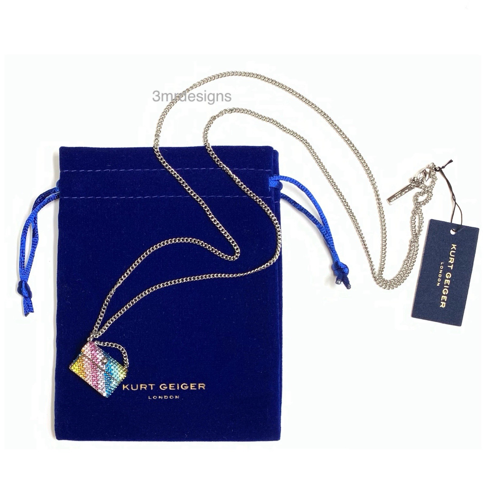 NWT KURT GEIGER Rainbow Crystals Silver Tone Kensington Mini Bag Long Necklace