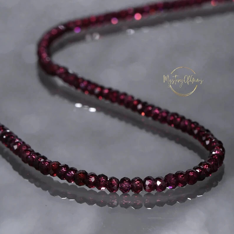 Natural Red Garnet Faceted Round Gemstone Beaded Necklace 18″ Women Jewelry Gift