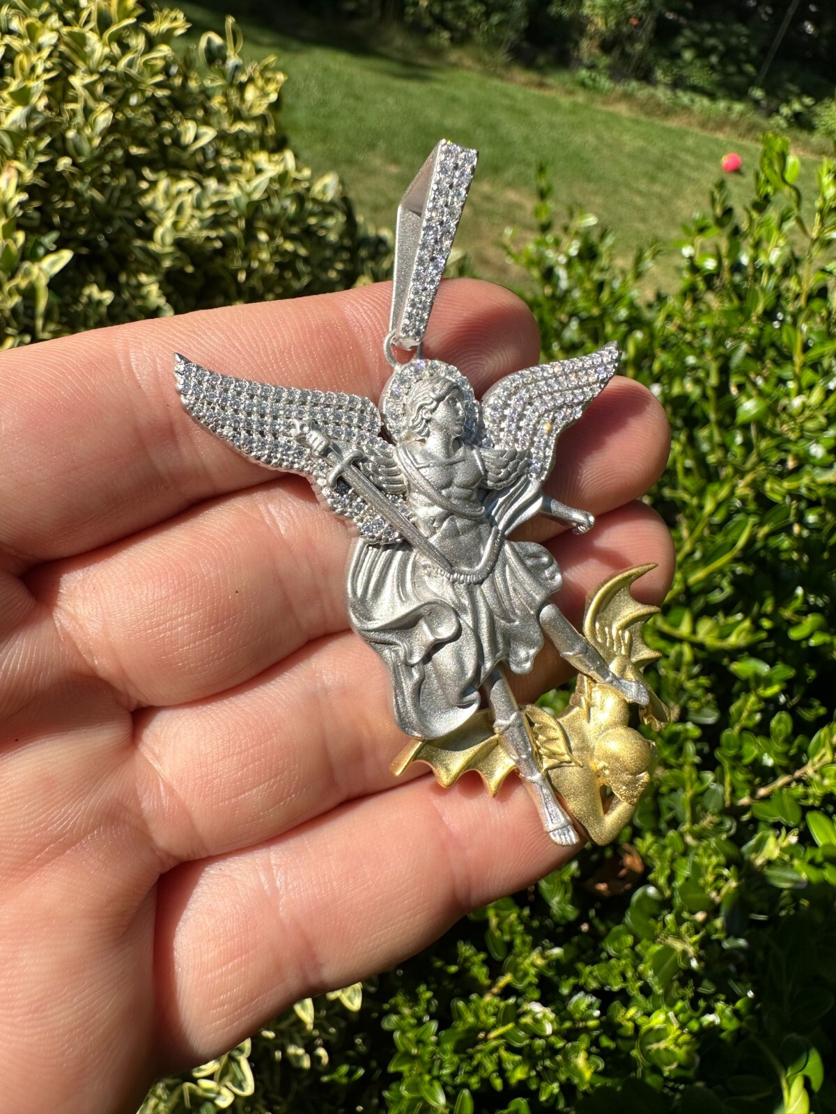 MOISSANITE St Michael Slaying Dragon Pendant 925 Silver & 14k Gold Necklace Iced