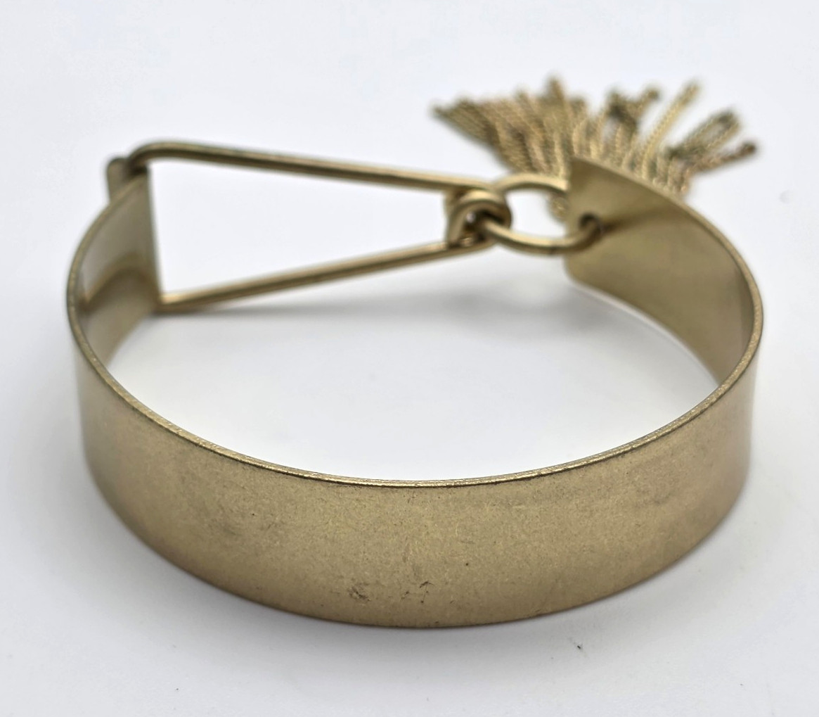 Antique Gold Tone Wide Cuff Bracelet Chain Tassel Pin Latch Boho 6.5 In