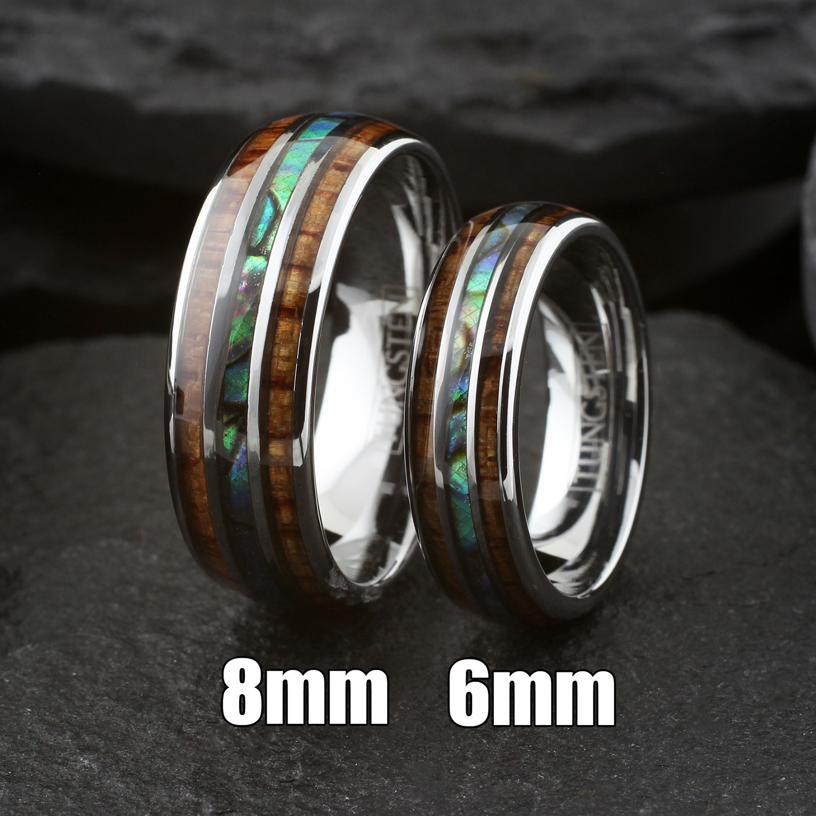 6/8mm Gorgeous Silver Tungsten Carbide Men’s Abalone & Wood Wedding Band Ring