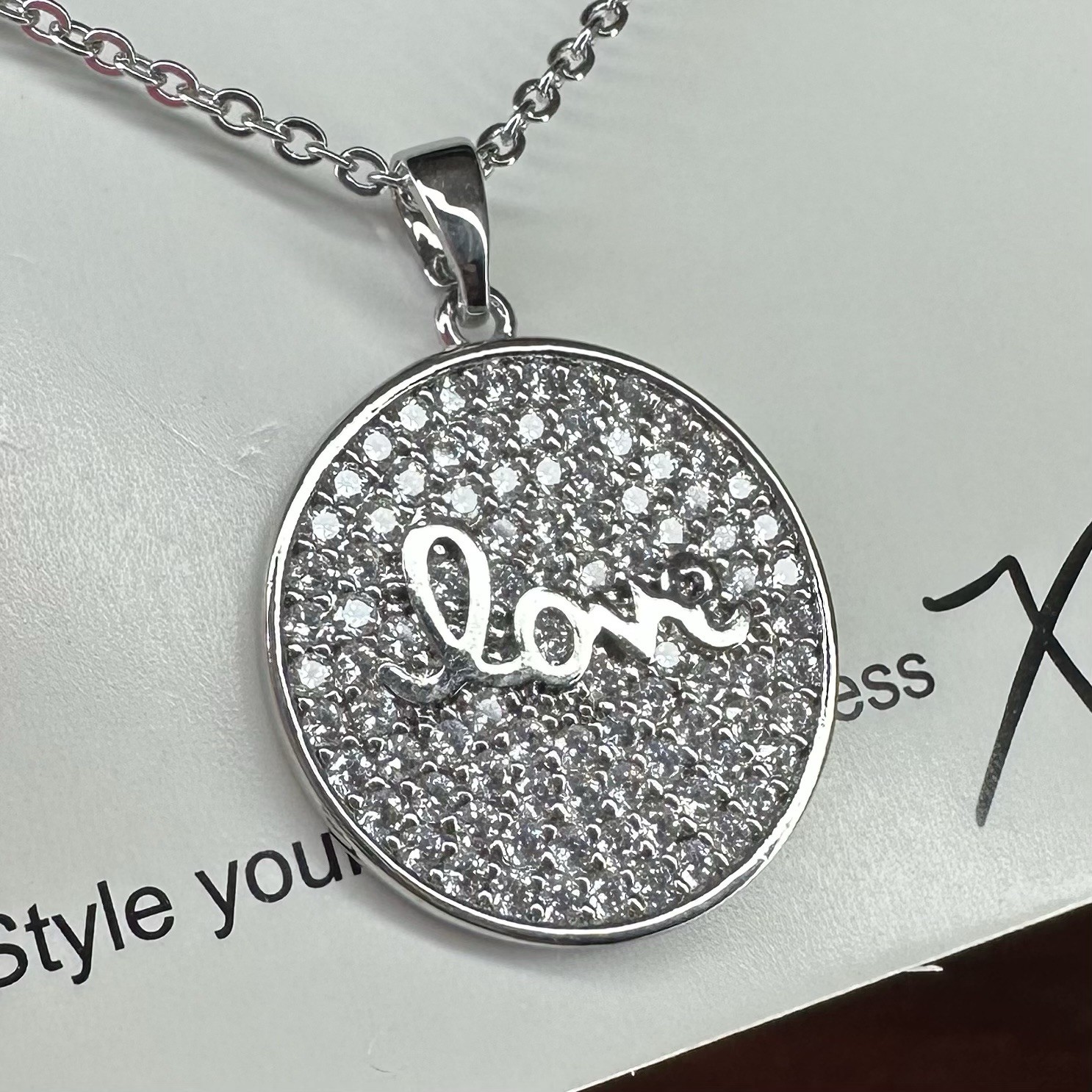 Park Lane Necklace- Rare Retired- Love- Simulated Clear CZ- Rhodium Plated