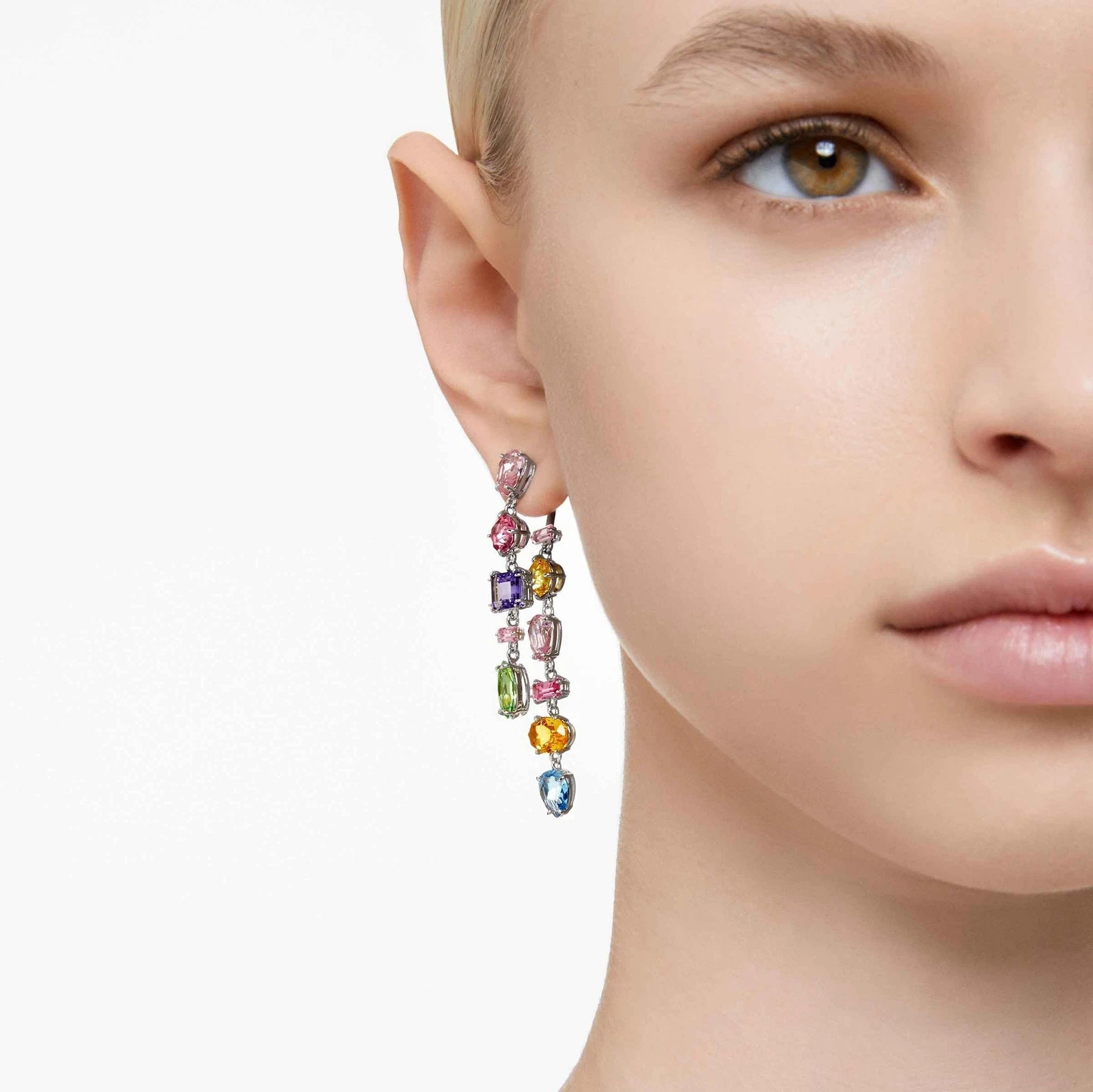 Swarovski Gema Drop Earrings Asymmetrical Design, Mixed Cuts, Long, Multicolored