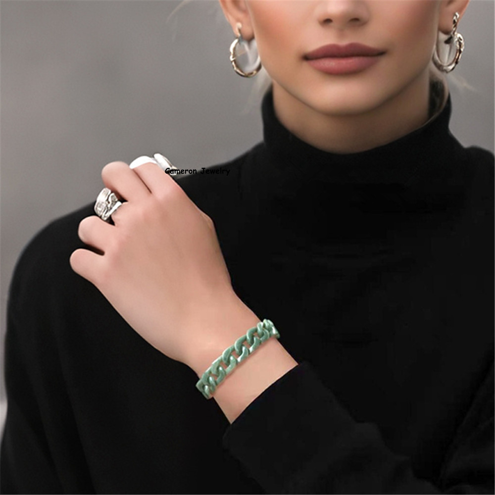 Natural Real Grade A Green Jadeite Jade 4mm Cuban Curb Link Bracelet 7.5-7.9inch