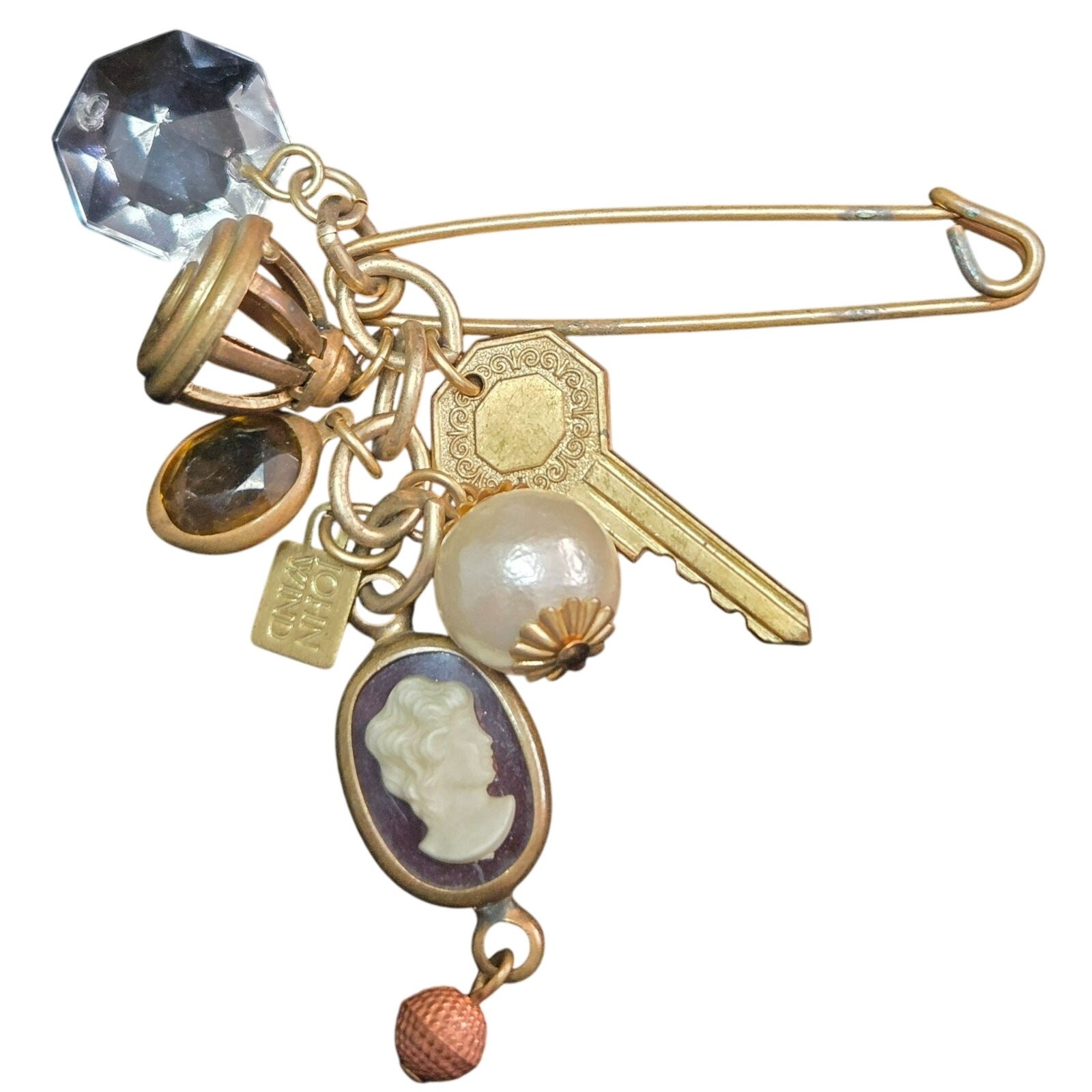 Vintage John Wind Safety Pin Brooch with Key, Cameo, Faux Pearl Charms