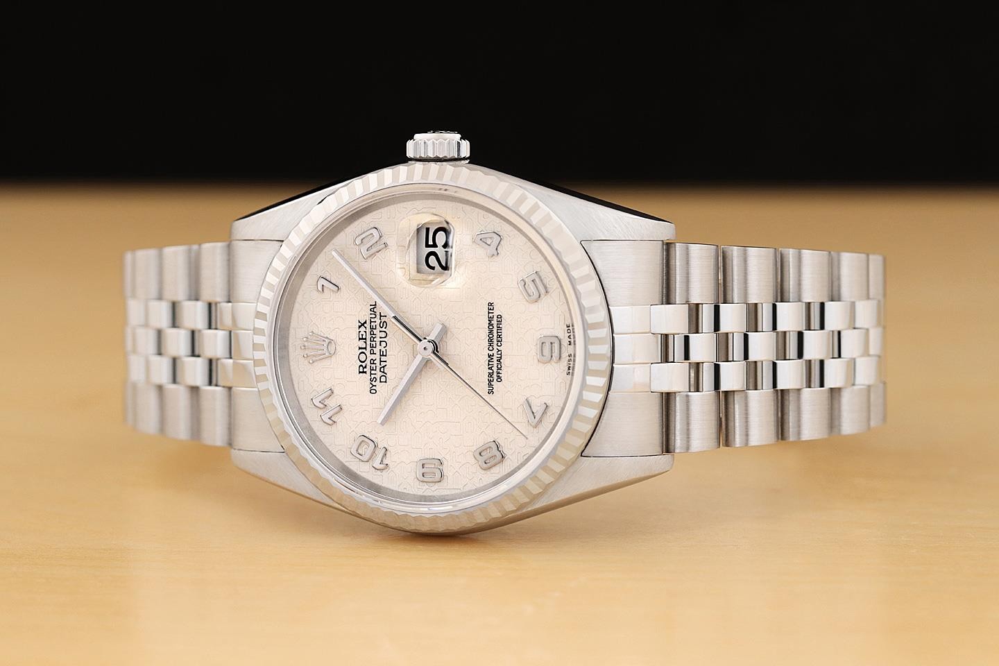 ROLEX DATEJUST 16234 CREAM ARABIC COMPUTER DIAL 18K GOLD STEEL NO HOLES WATCH