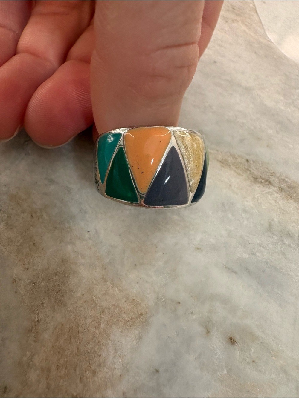 Multicolor Geometric Inlay Ring Green, Orange, Cream, Blue, Purple – Size 8.5