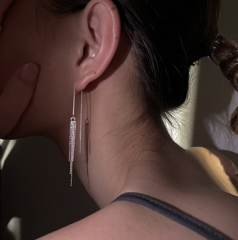 925 Silver Plated Threader Earrings Dainty Chain Tassel Drop Pull Earrings S6