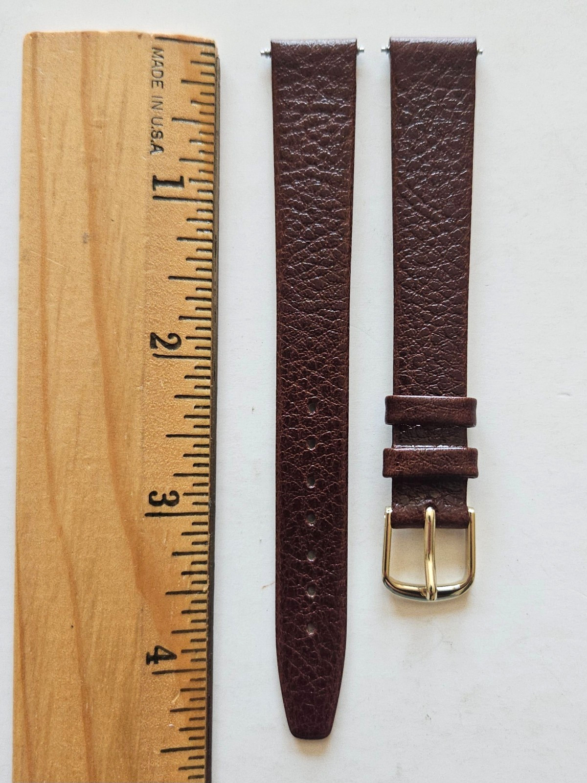 14mm / Long – Brown Leather Watch Band – ( Gold Buckle / Pins Included )