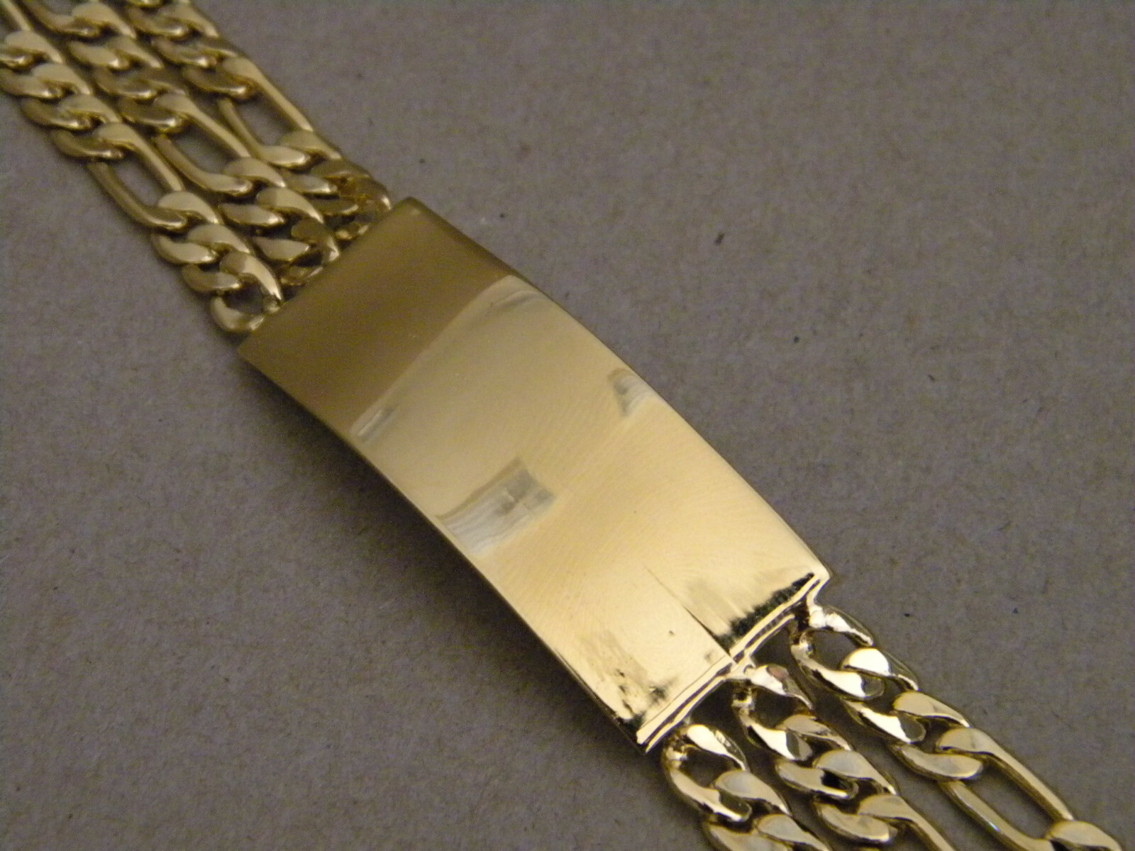 Men’s Yellow Gold Plated 3 Strand Figaro Chain Smooth ID Bracelet 8.5in ENGRAVED