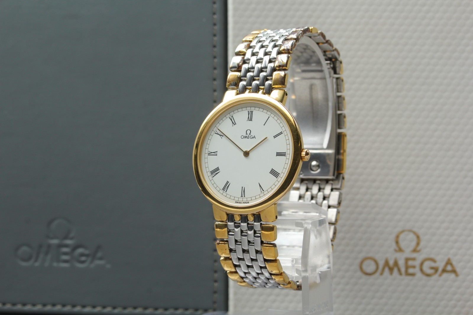 Vintage w/ Box Omega De Ville Cal.1378 Gold White Roman Quartz Men Watch JAPAN