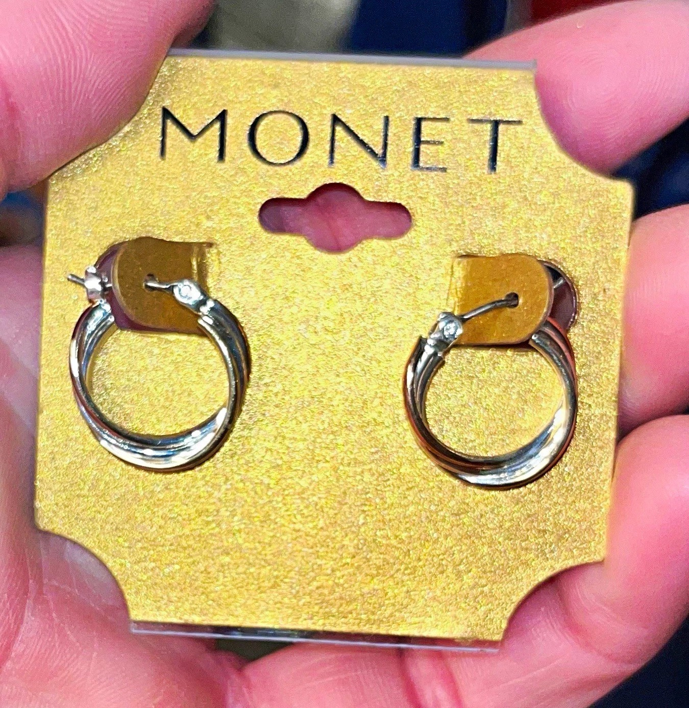 Monet Silver Tone Metal Round Hoop Earrings Hinged Closure for Lobe No Stone