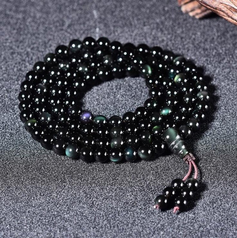 Natural Rainbow Obsidian 108 Mala Beads Necklace Vintage Healing Wrap Bracelet