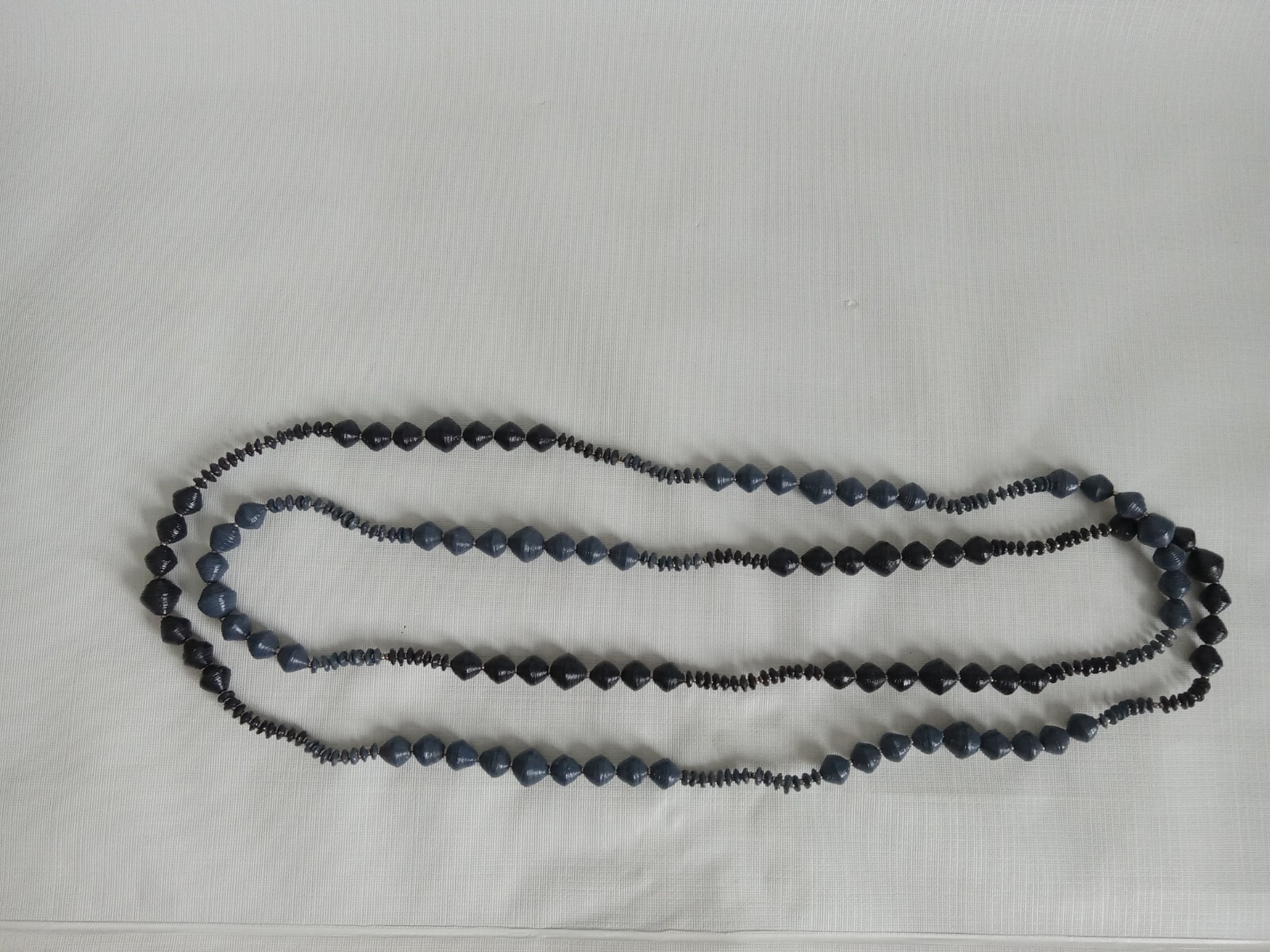 Shades of Blue Lightweight Ribbed Paper Beads Long Length Single Strand Necklace