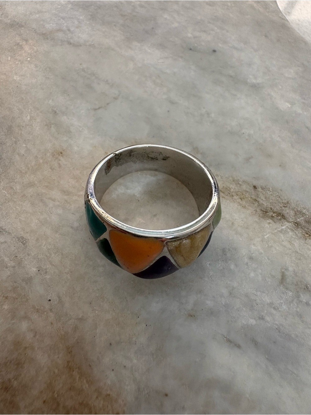 Multicolor Geometric Inlay Ring Green, Orange, Cream, Blue, Purple – Size 8.5