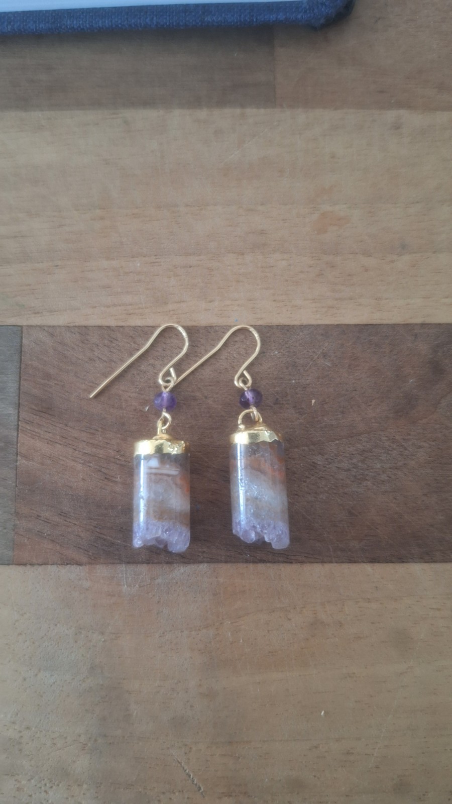 14 K Gold Plated Hook Dangle Earrings With Natural Purple Amethyst Crystals