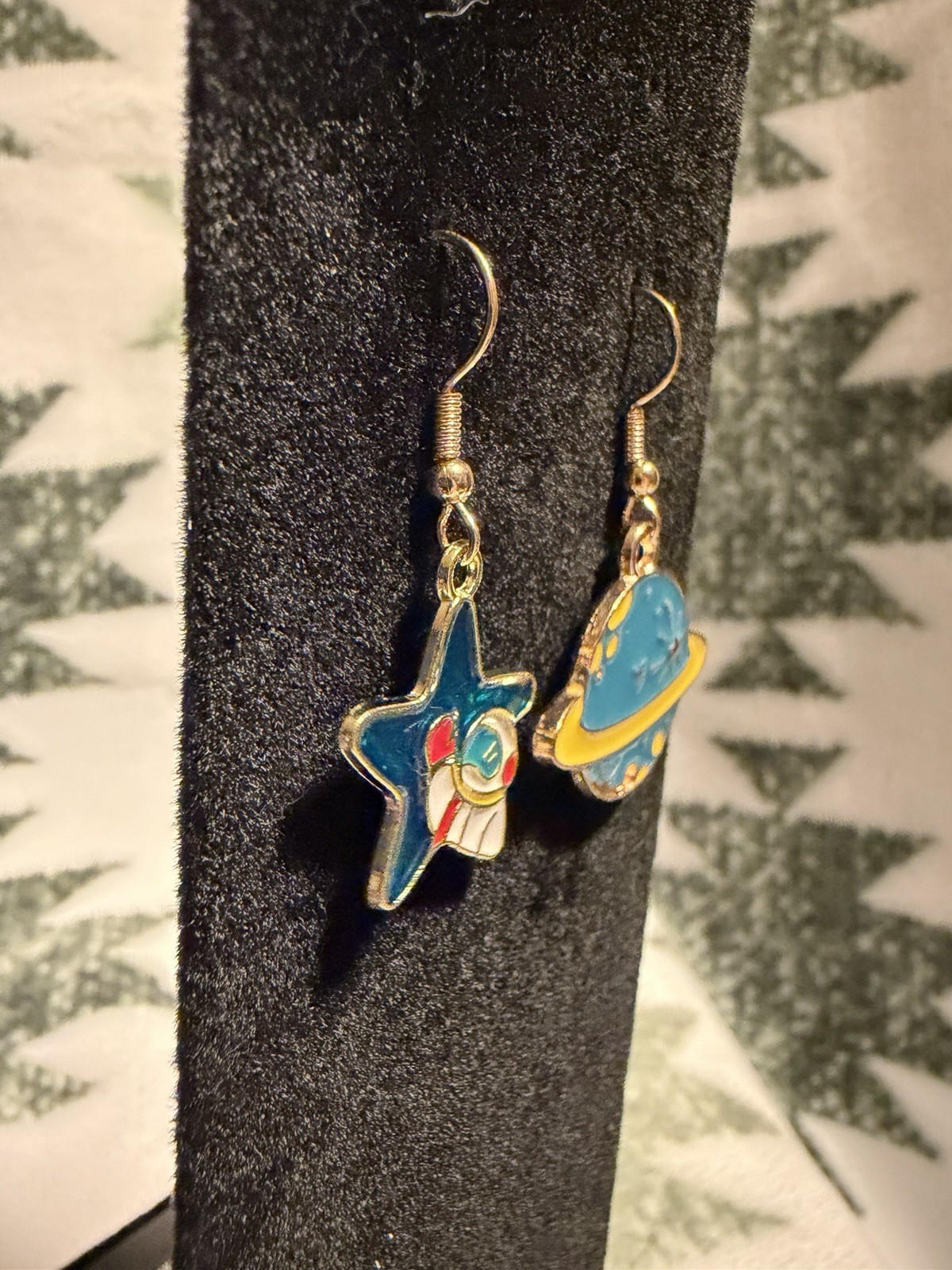 Blue Enamel Space Astronomy Asymmetrical Dangle Drop Earrings w/ Hook Closure
