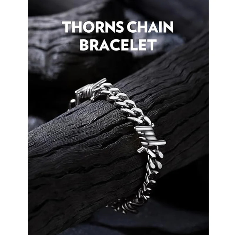 Barbed Wire Cuban Link Chain Bracelet Adjustable Stainless Steel Punk Emo