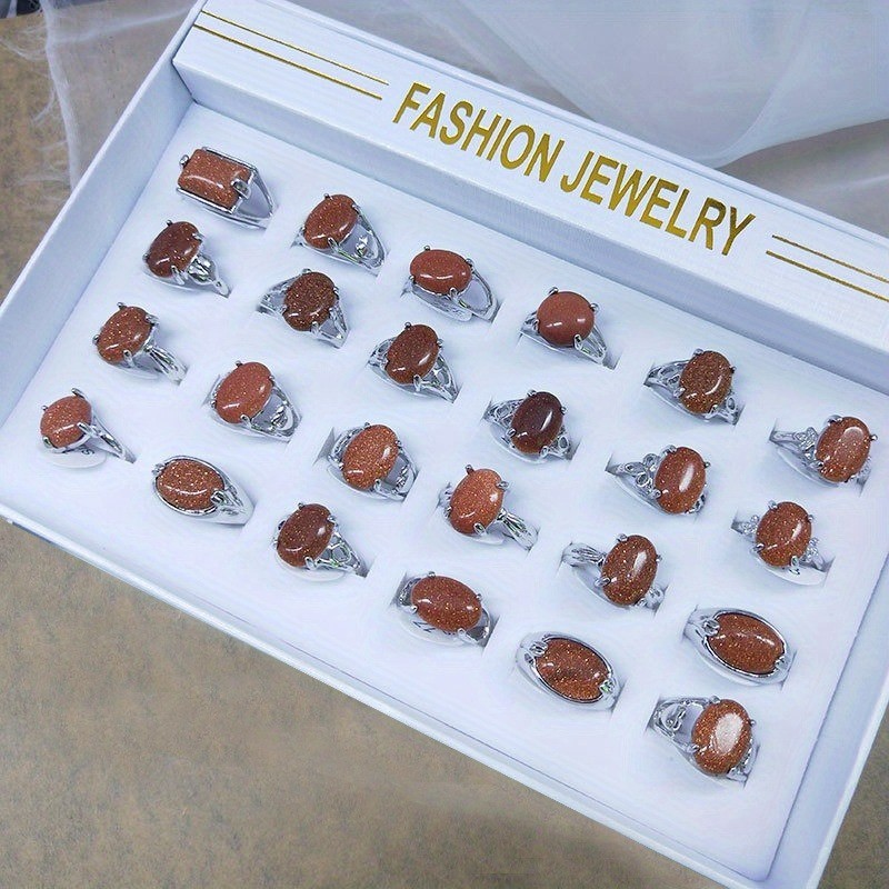 24Pcs/Set Nateral Stone Gemstone Ring Wholesale Lot Finger Ring Daily Party Gift