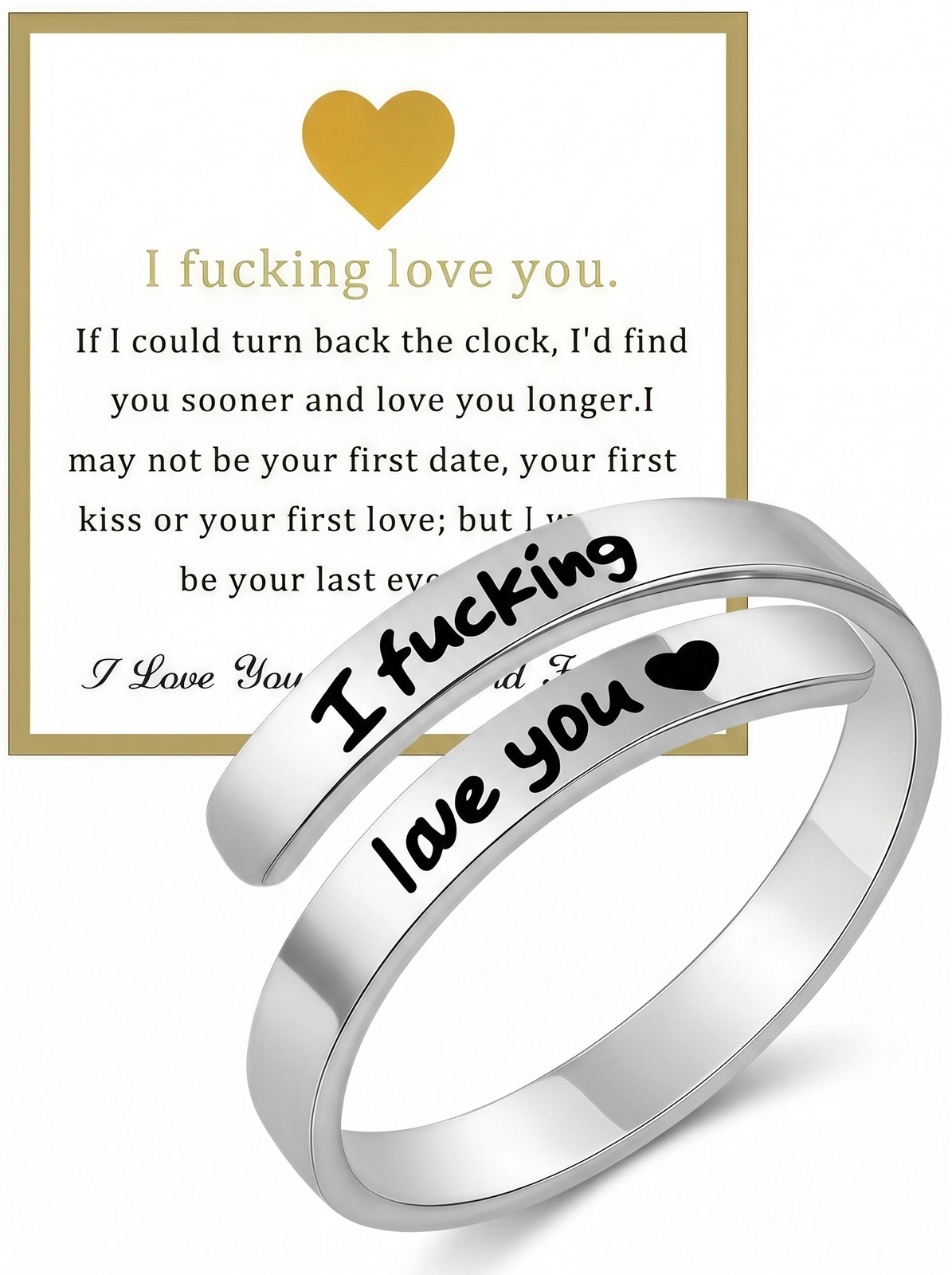 Funny Couple Love Ring, Silver Tone “I F*cking Love You” Statement Band