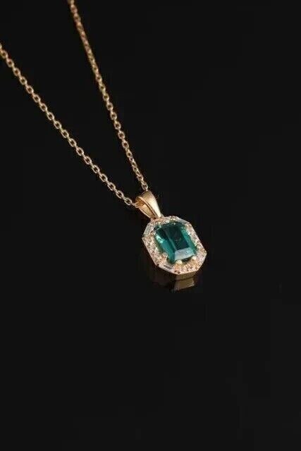 2.00Ct Emerald Cut Simulated Green Emerald Flower Pendant 14K Yellow Gold Plated