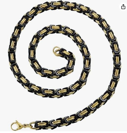 Black & Gold 7mm Byzantine Two-Tone Stainless Steel Unisex Necklace 27