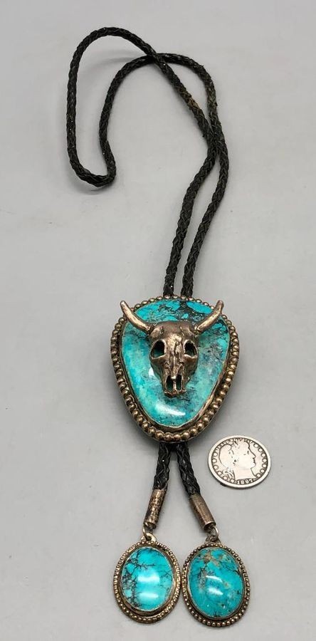 Turquoise Steer Head Bolo Tie Western Silver Leather Cord Statement Piece