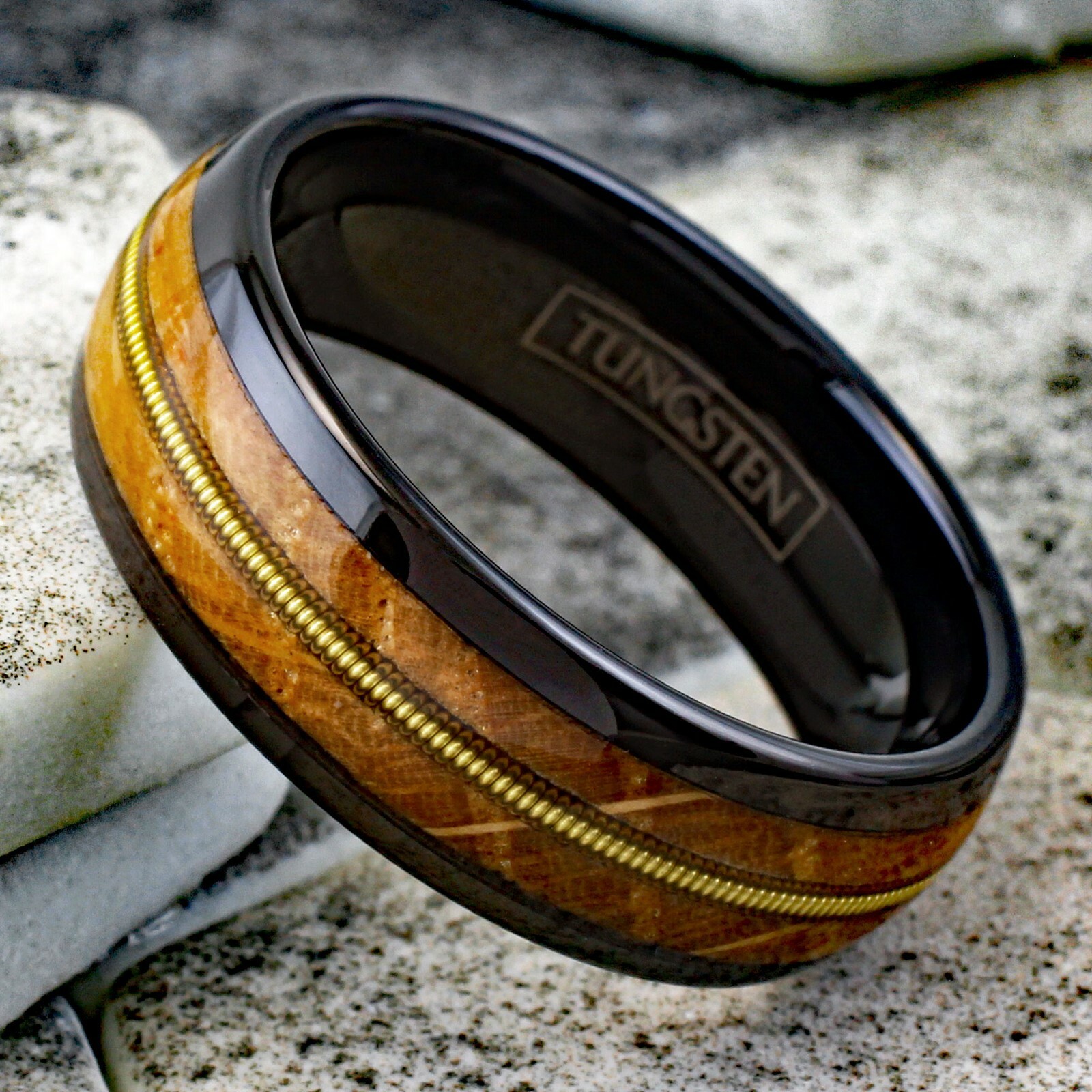 Engraved 8mm Black Tungsten Whiskey Barrel Wood w/ Guitar String Men’s Band Ring