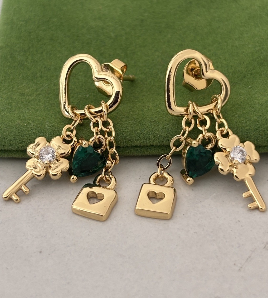 Gold Plated Heart Dangle Earrings Green CZ Heart Clover Key Heart Lock Stud Gift
