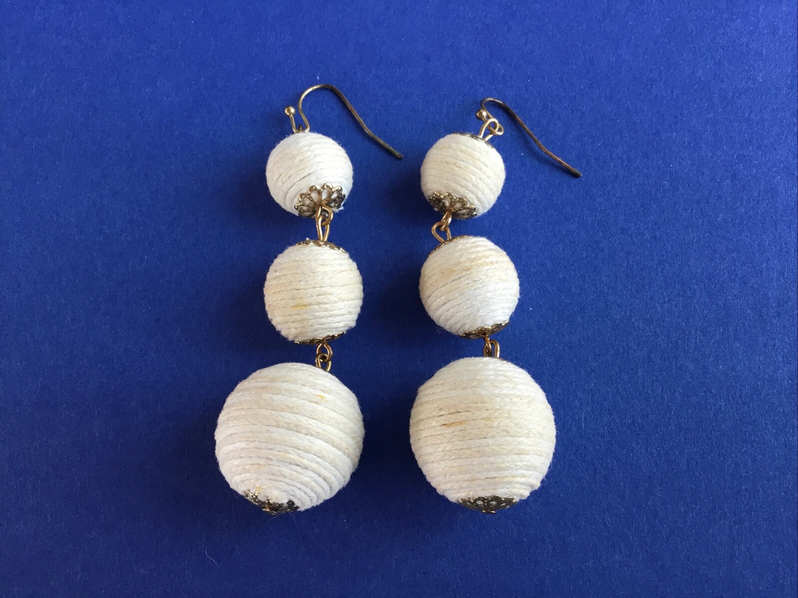 Vintage Boho White Cotton Cord Dangle Hook Ball Earrings 2 1/2″ drop