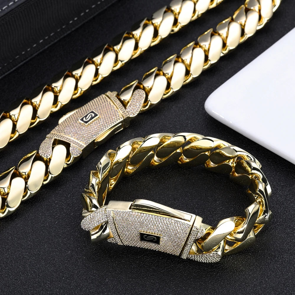 20mm Cuban Link Chain Necklace Bracelet Gold Plated Brass Iced Out CZ Hip Hop